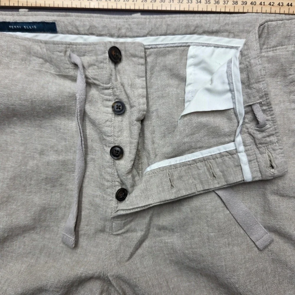 Perry Ellis Mens 38x30 Linen Blend Drawstring Pants Beige Straight Leg Size